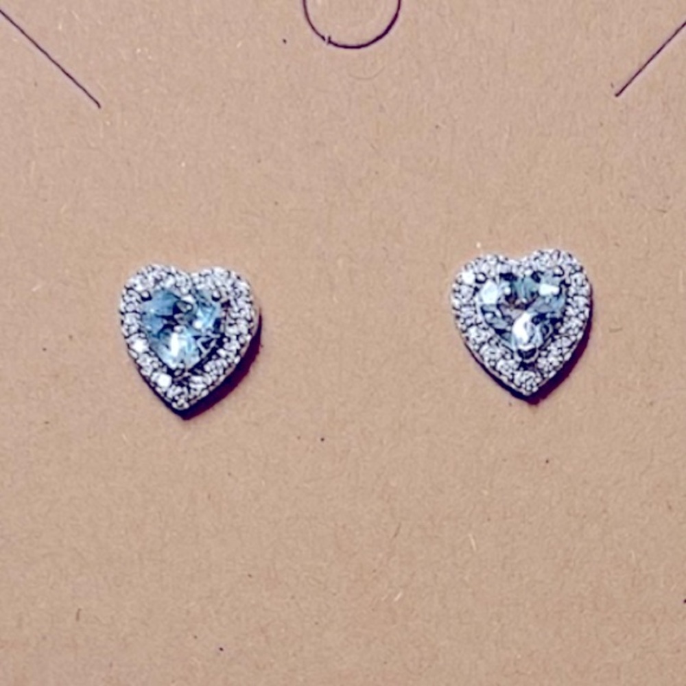 Aquamarines heart shape .925 sterling  post earrings with small CZ